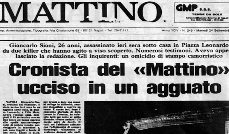 Prima pagina de Il Mattino di Napoli all'indomani dell'uccisione di Giancarlo Siani